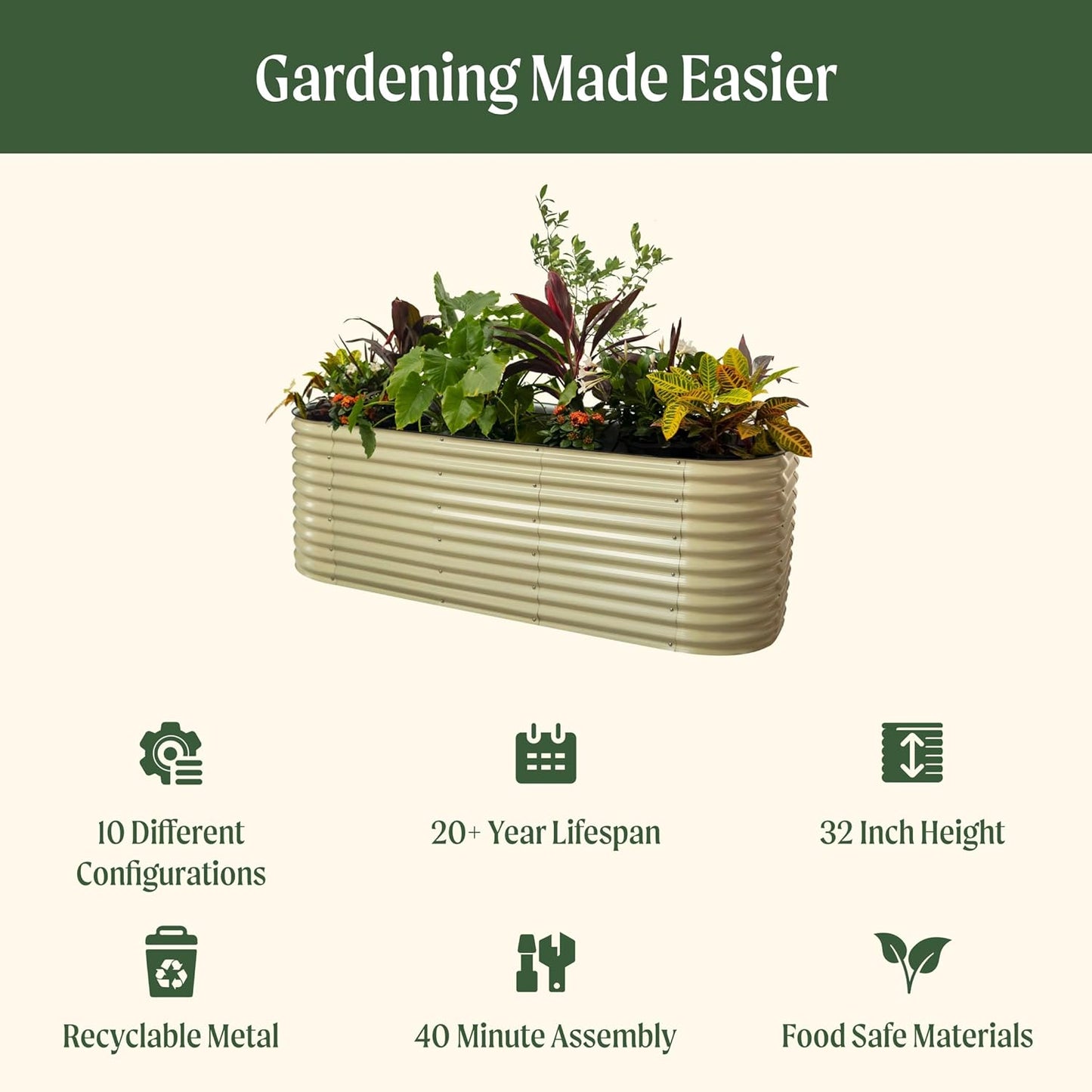 Vego garden 32" Extra Tall Raised Garden Bed Kits, 10 in 1 Modular Raised Planter Box for Vegetables Flowers Fruits Oval Metal Raised Garden Bed- Olive Green