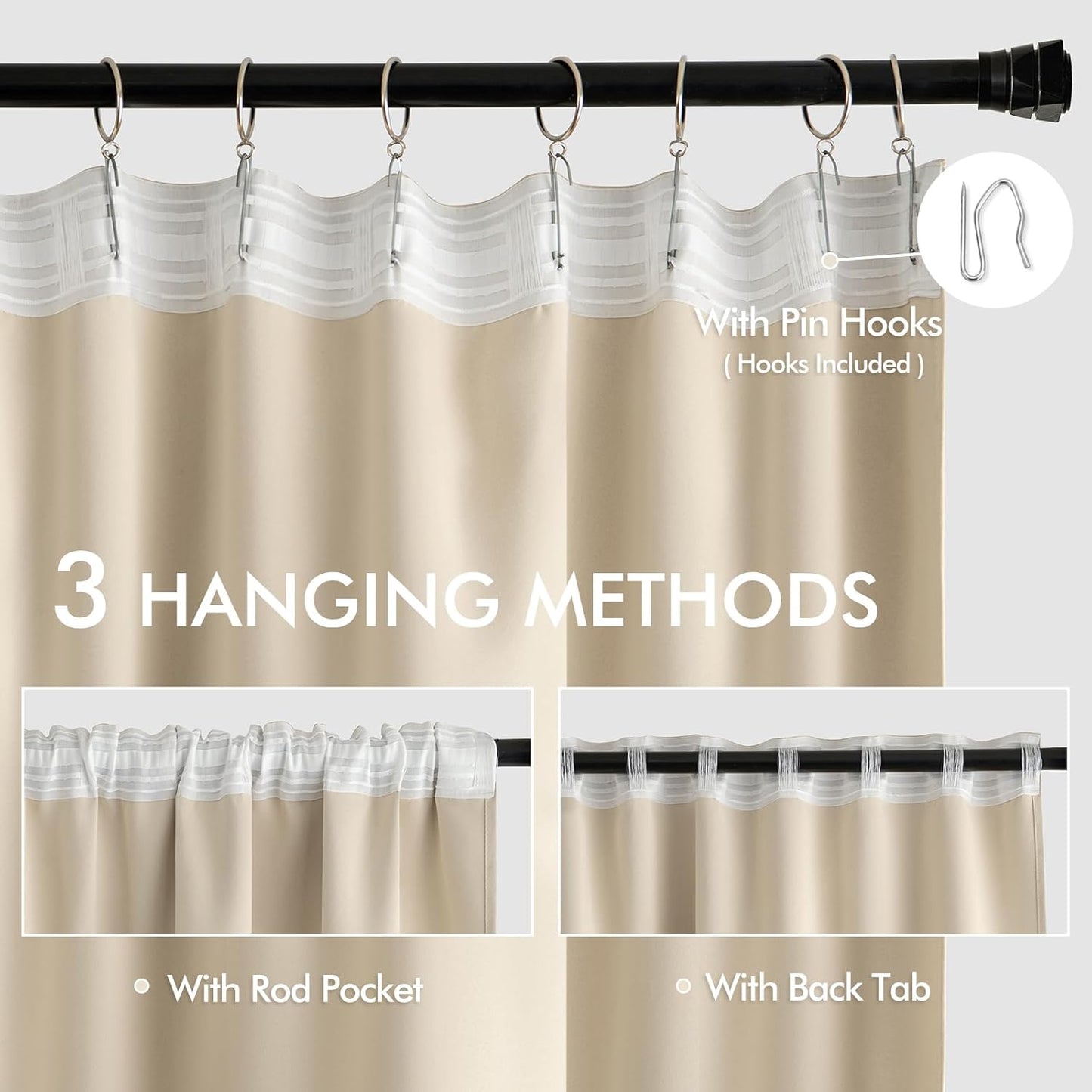 MIULEE Cream Beige Back Tab Light Blocking Curtains 100 Inch Length 2 Panels Set for Living Room Bedroom Privacy, Rod Pocket/Pinch Pleat Thermal Insulated Room Darkening Pleated Blackout Drapes