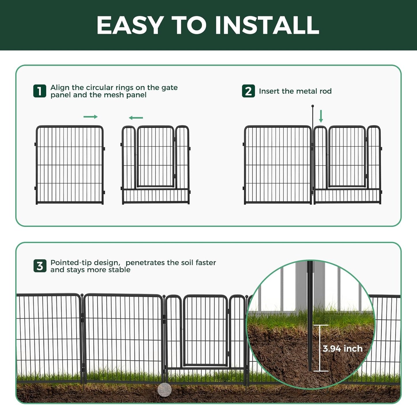 FXW Garden Fence Outdoor for The Yard – 45in(H) x 8.9ft(L) Heavy Duty Metal Animal Barrier for Dog and Rabbit, Decorative Dog Fence, 4 Panels, Black