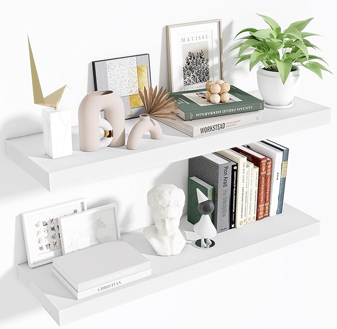 Floating Shelves Set of 2, 36 Inch Long Wooden Wall Shelves, 10 Inch Deep Wall Mounted Storage Shelf with Metal Brackets for Living Room, Bathroom, Bedroom and Kitchen, White