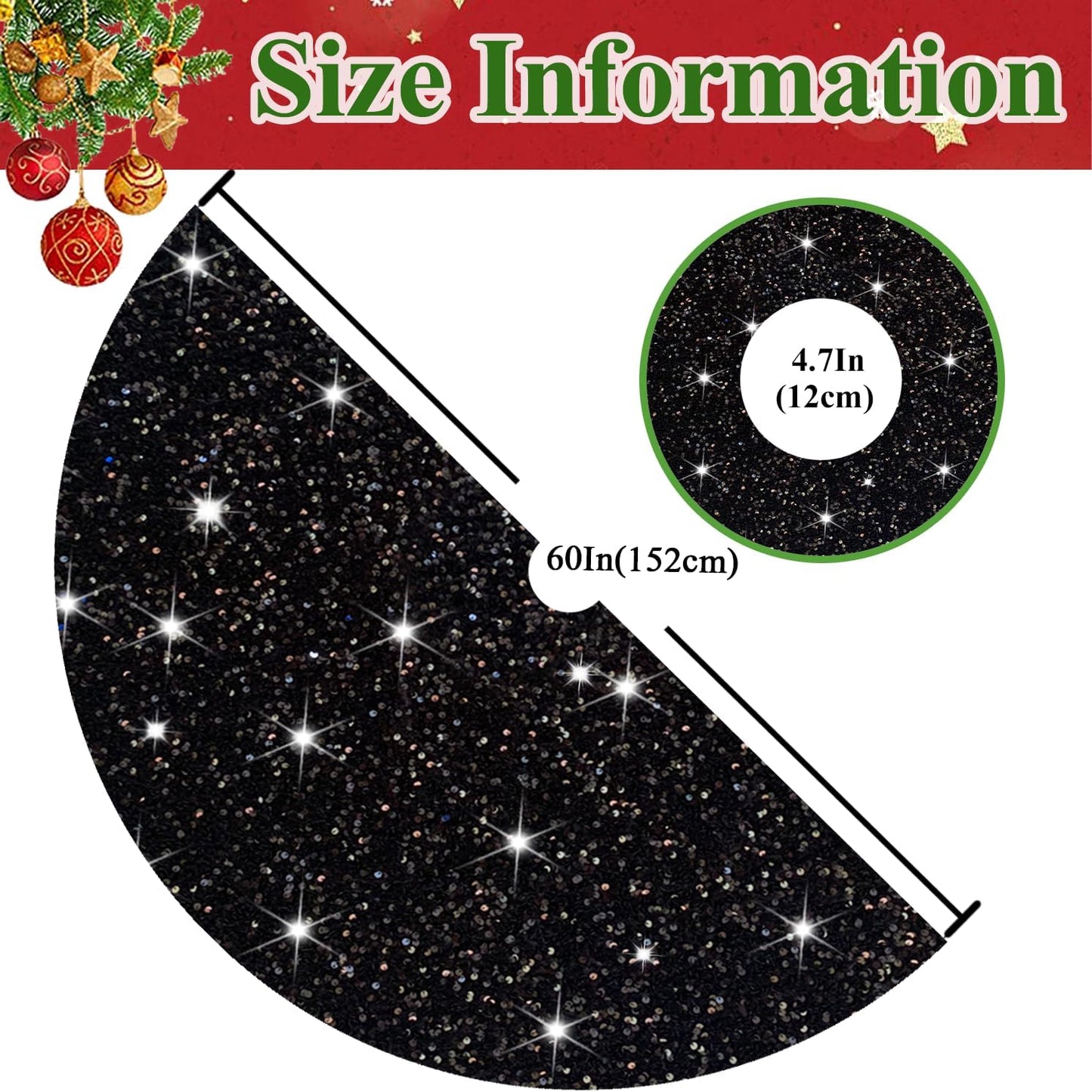 MODFUNS Black Christmas Tree Skirt 60 Inch Glitter Sequin Large Xmas Tree Mat Velvet Halloween Tree Skirt Unique Shiny Xmas Tree Skirt Cover for Christmas Tree New Year Merry Christmas Ornament