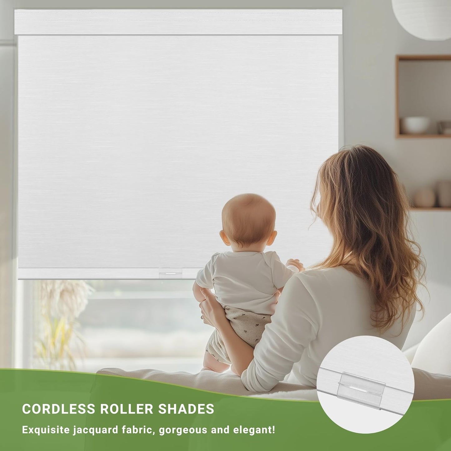 Blackout Roller Shades for Indoor Windows, Cordless Jacquard Fabric-Matched Roller Blinds, Easy to Install Privacy UV Protection Roll Up Blinds for Home Office, Pure White, 34" W x 72" H