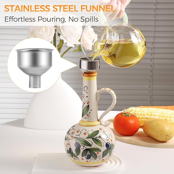 Ceramic Olive Oil Dispenser Bottle 23oz with Handles, Hand Painted Multi-Use Oil Cruet & Flower Vase, Decorative Stoneware Kitchen Cruet with Stainless Steel Spout for Oils, Sauces, Vinegar (B)