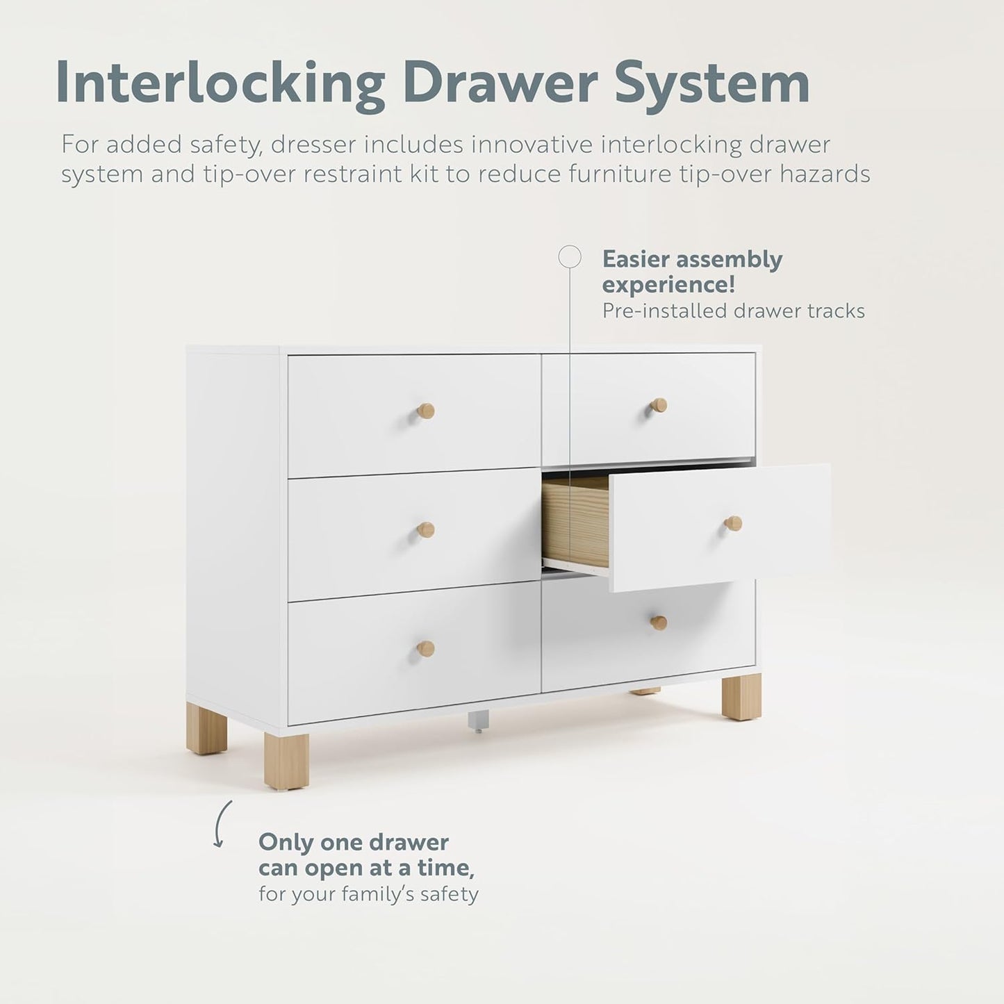 Storkcraft California 6-Drawer Double Dresser (White with Driftwood) - GREENGUARD Gold Certified, Interlocking Drawer System, Dresser Drawer Organizer for Kids Bedroom