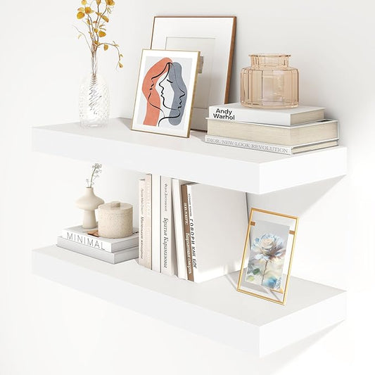 Deep Floating Shelves | 30 Inch Floating Shelves for Wall Set of 2 | 12 Inch Deep White Shelves for Living Room Bathroom Laundry Room Bedroom Kitchen Home Office - White