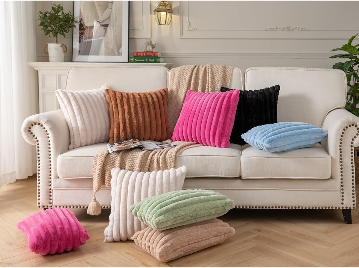 DEELAND Pack of 2,Double-Sided Faux Fur Plush Decorative Throw Pillow Covers Fuzzy Striped Soft Pillowcase Cushion Covers for Sofa Couch Bedroom Beige 20x20 inch