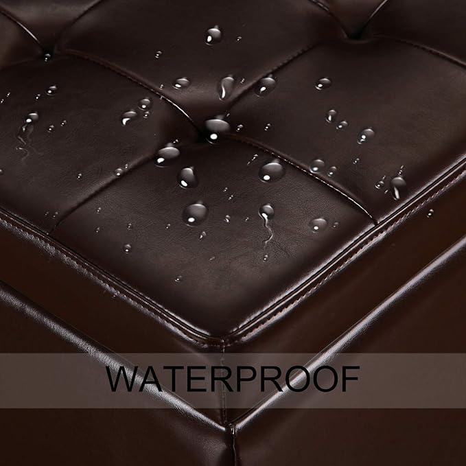 Adeco 15.2" Modern Brown Faux Leather Storage Ottoman with Tufted Flip Top for Living Room, Tufted Accents Rectangular Bench for Foot Rest