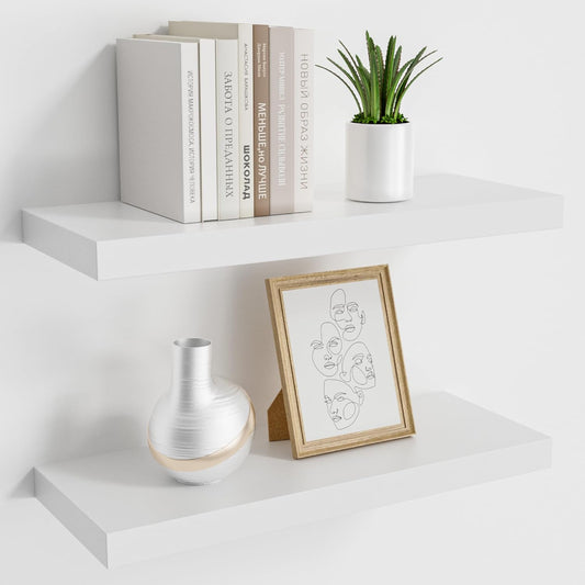 Floating Wood Shelves for Wall 16 Inches x 8”x 1.4” Shelf Floating Home Decor, Heavy Duty Shelf Hold 35 lbs, Wall Shelves for Bathroom Living Room Kitchen Bedroom Office - Set of 2 White