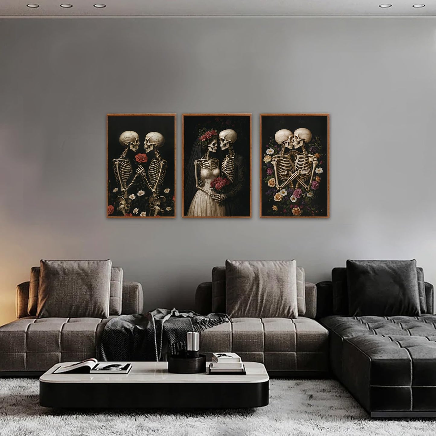 HLNIUC Halloween Rose Wedding Framed Wall Art,Vintage Skeleton Rose Canvas Prints,Abstract Romantic Theme Wall Decor Set of 3(16”x24”)Dark Romance Framed Painting,Roses Skull Art Print for Living Room