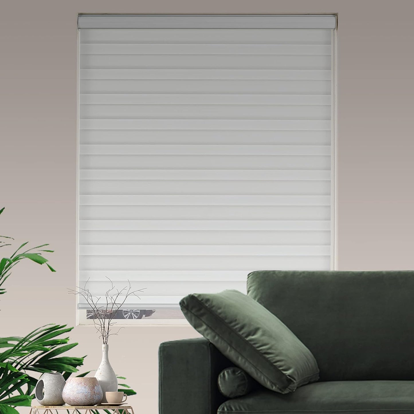 Zebra Blinds for Windows Dual Layer Light Filtering Privacy Free-Stop Sheer Shades Light Control for Indoor Windows Zebra Shades for Living Room(59" W X 72" H, White)