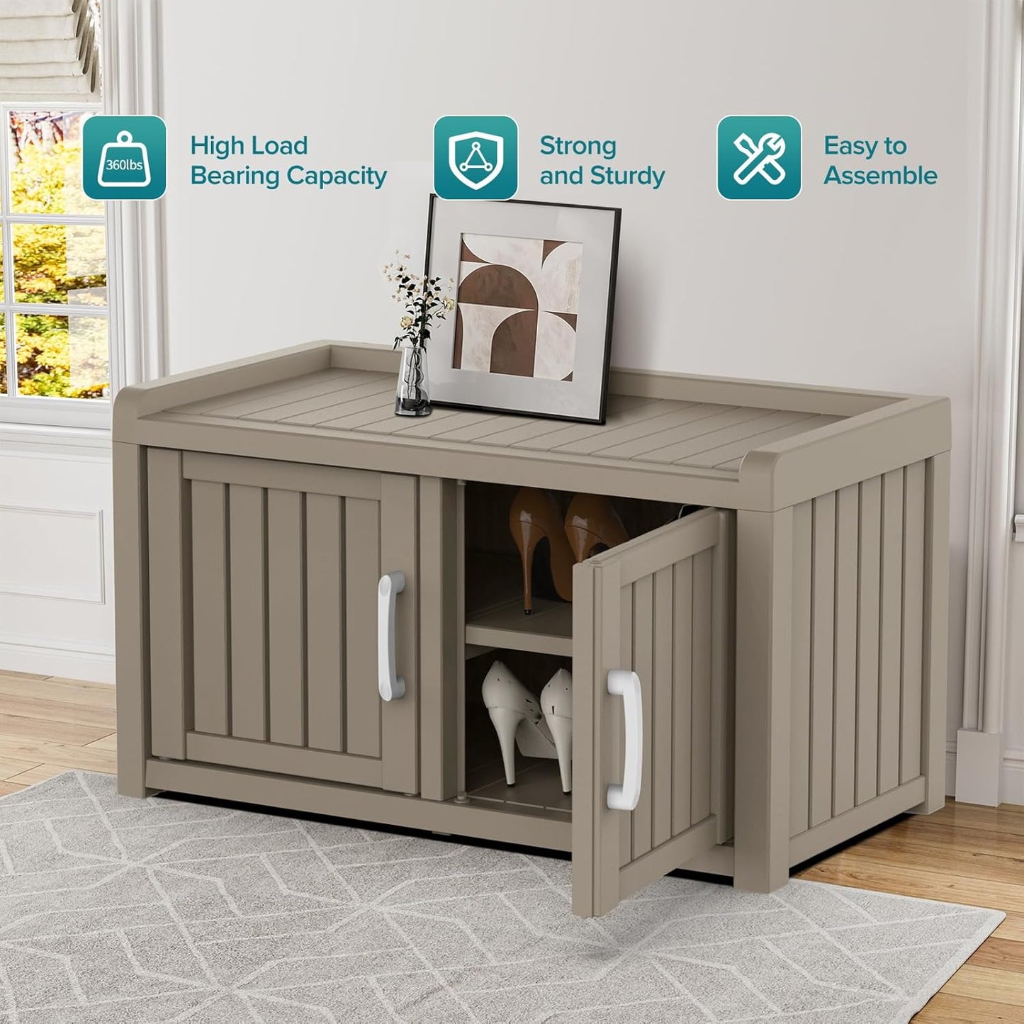 ROJIK Shoe Cabinet Waterproof UV-Resistant,Storage Bench Indoor Outdoor with Adjustable Shelves,for Entryway Bedroom,Hallway,Living Room(Double Door,Grey)