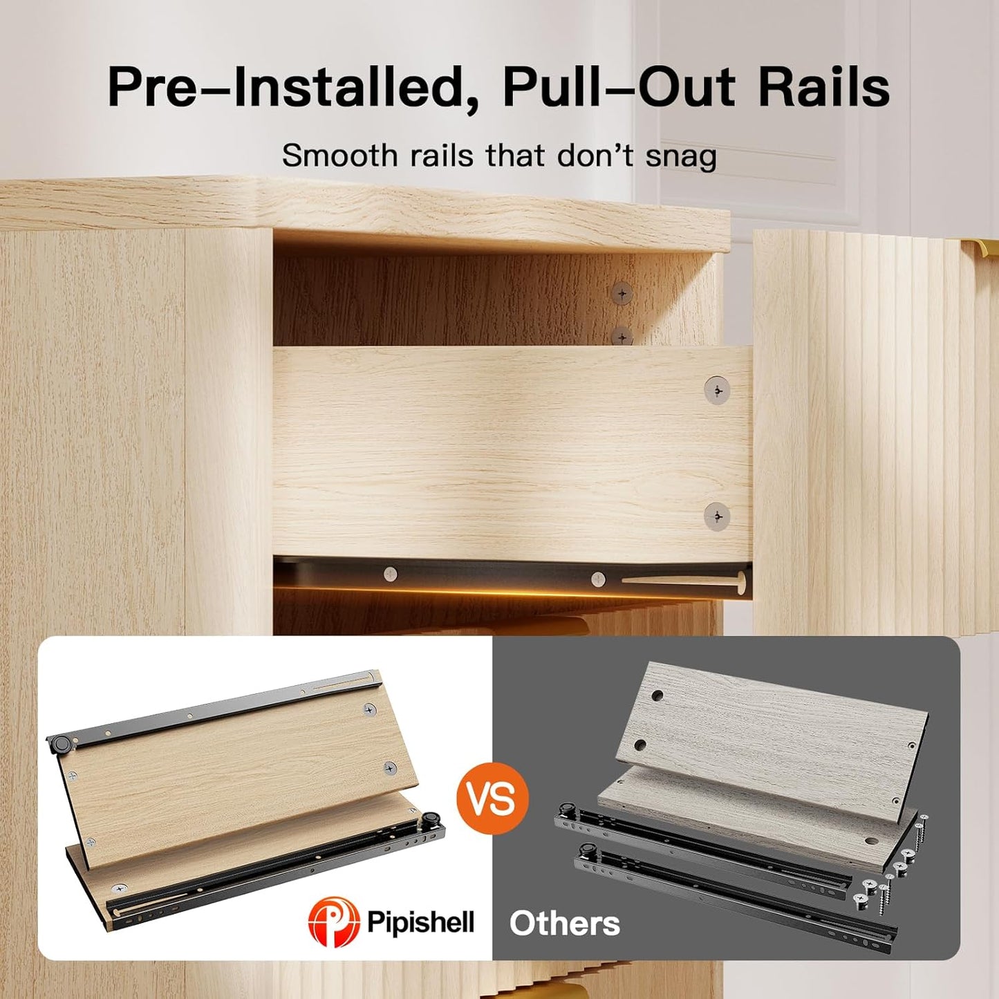Pipishell Dresser for Bedroom, Fluted 5 Drawers Dresser, 40" Tall Modern Chest of Drawer with Round Edge & Pre-Installed Drawer Slides, Natural Wood Drawer Organizer for Bedroom, Hallway, Natural Oak