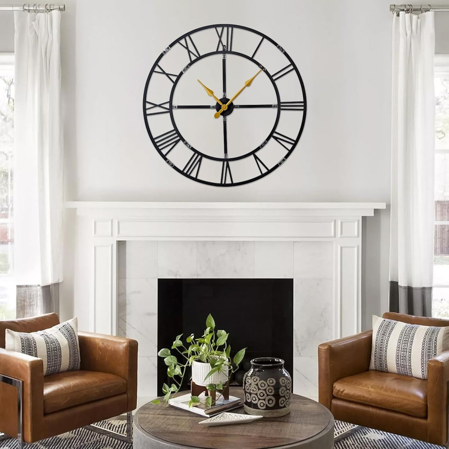 Large Wall Clock for Living Room Decor – 32 Inch Silent Non-Ticking Modern Farmhouse Wall Clock, Oversized Decorative Metal Roman Numeral Clock
