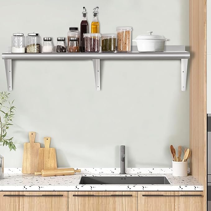 HARDURA Stainless Steel Shelf 18" x 72", 480lb Commercial Shelves Wall Mount Metal Shelving with Backsplash and Brackets for Kitchen, Restaurant, Laundry Room and Home