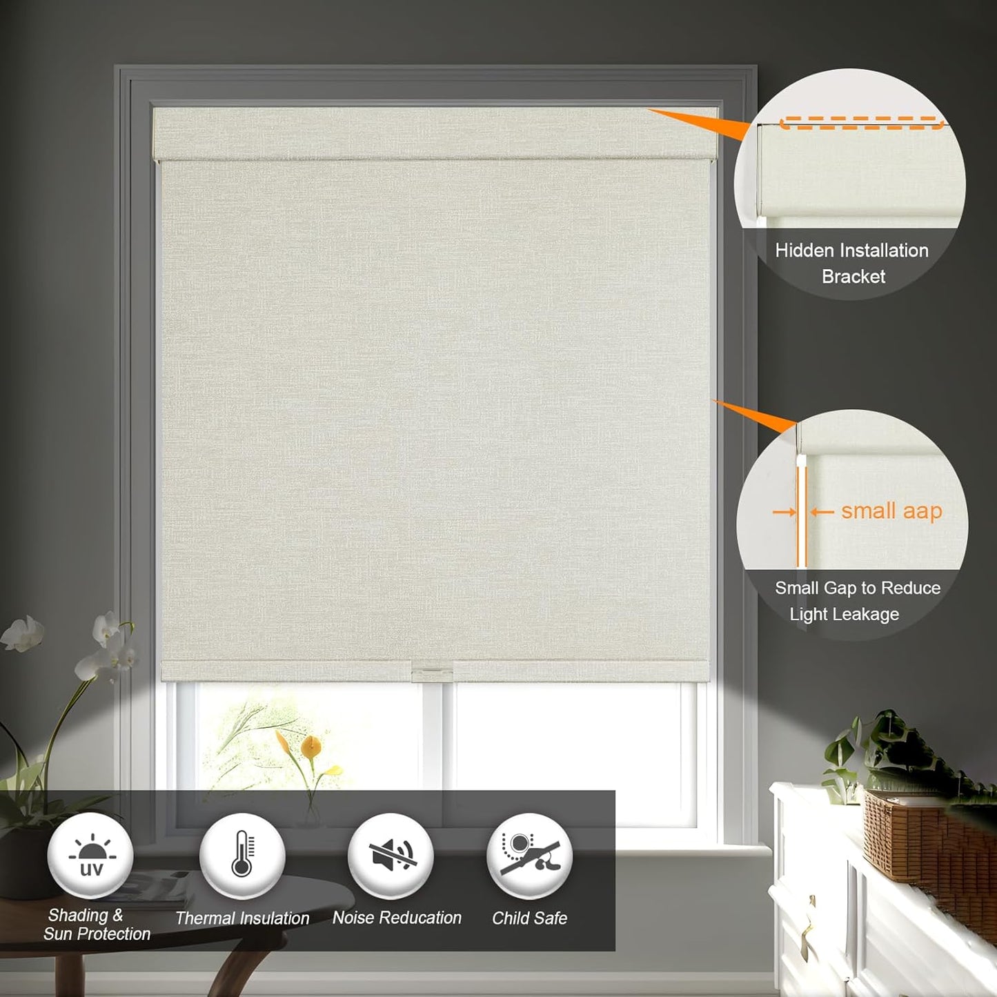Persilux Blackout Shades for Windows Cordless Roller Blinds, Roller Windows Shades for Home with Fabric Attached Valance, UV Protections Easy Installation for Door/Office, Limestone(21" W x 64" H)