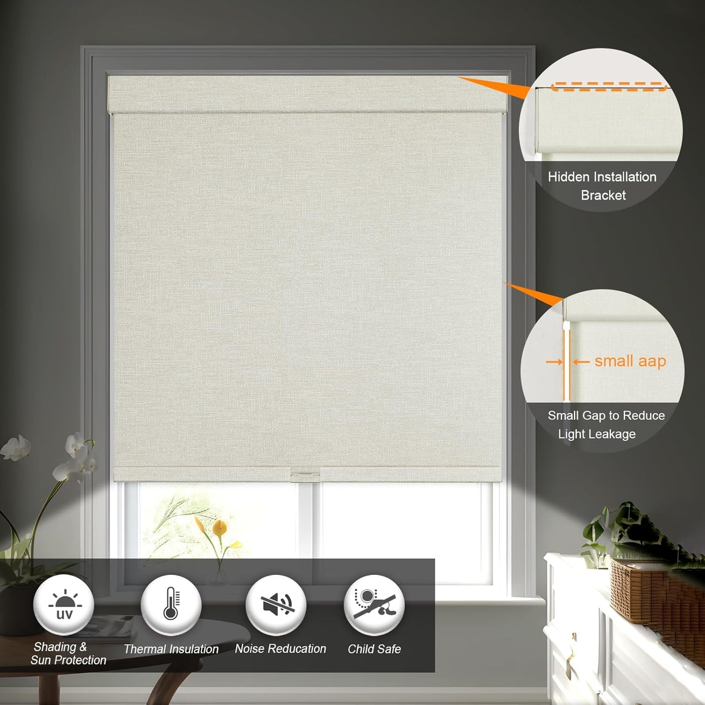 Persilux Blackout Shades for Windows Cordless Roller Blinds, Roller Windows Shades for Home with Fabric Attached Valance, UV Protections Easy Installation for Door/Office, Limestone(52.5" W x 64" H)
