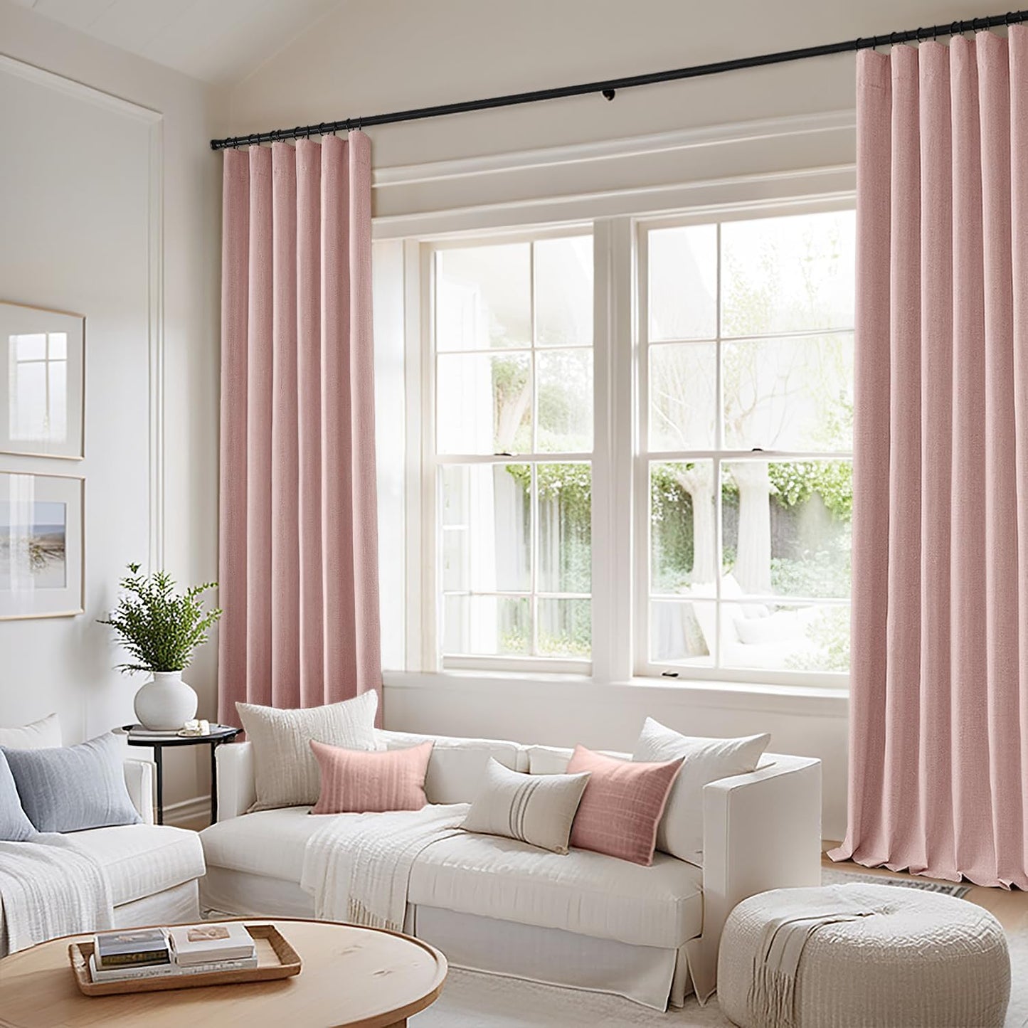 MIULEE 100% Blackout Curtains 84 Inch Long 2 Panels for Bedroom, Thick Luxury Faux Linen Black Out Curtain Room Darkening Back Tab Pleat Window Textured Drapes with Hooks for Living Room, Baby Pink