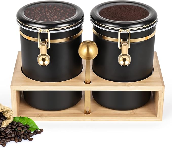 Yangbaga 304 Stainless Steel Coffee Canisters for Ground Coffee,2 x 63OZ Coffee Container with Shelf Coffee Bean Storage, Food Storage Jar with Gold Airtight Locking Clamp and Spoon for Kitchen