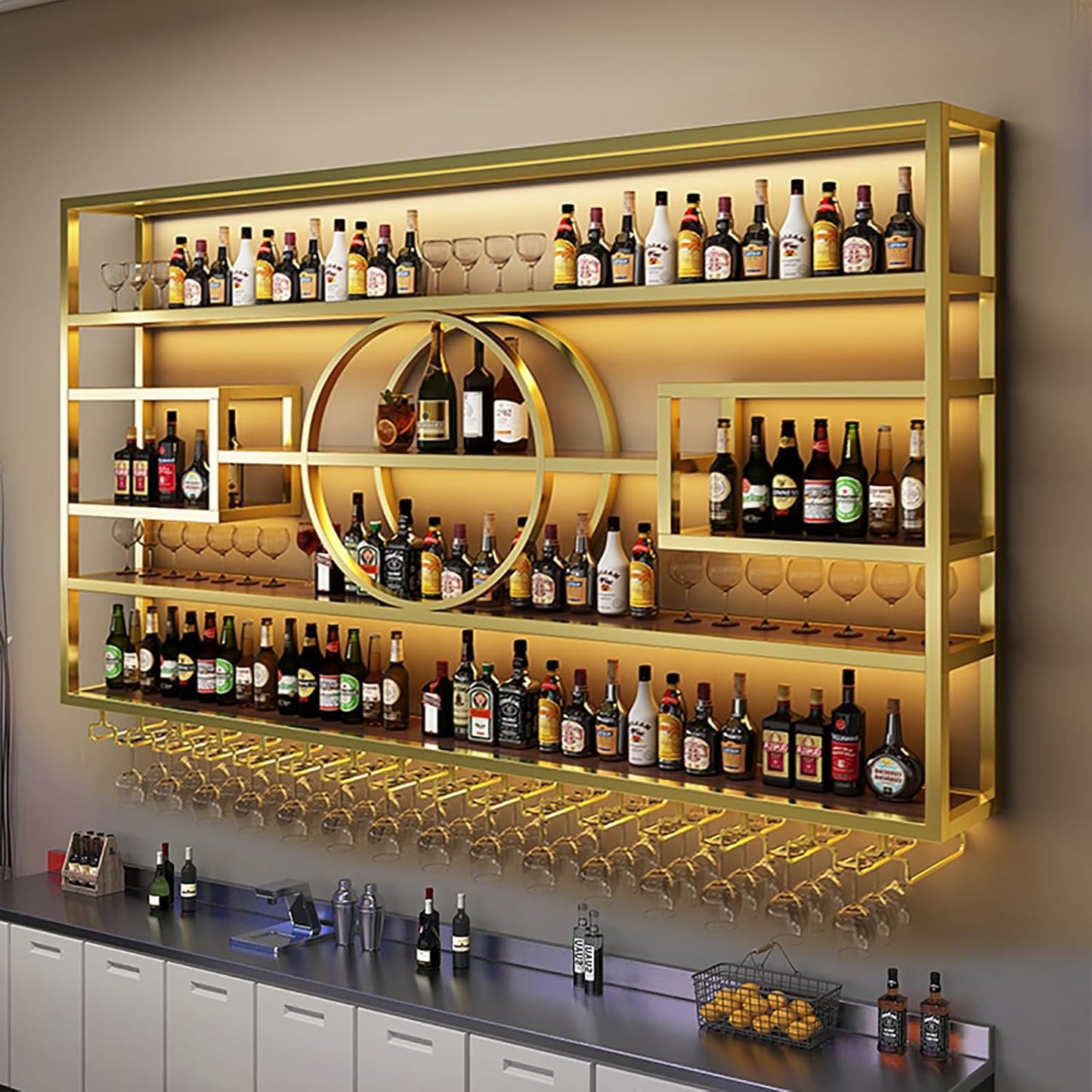 47.2in Wall Mounted Wine Rack, Modern Metal Wine Bottle and Glass Holder, Iron Display Stand Decorative Wine Rack, for Bar Living Room Dining Room Background (Gold, 47.2 * 8 * 51INCHES)