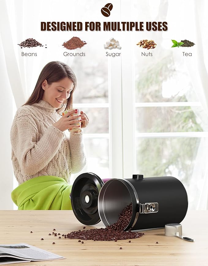 HAIOOU Airtight Coffee Canister, 16OZ Small Stainless Steel Coffee Bean Storage Container with Date Tracker, Measuring Scoop, CO2 Releasing Valves and Mini Tongs for Beans, Grounds and more - Black