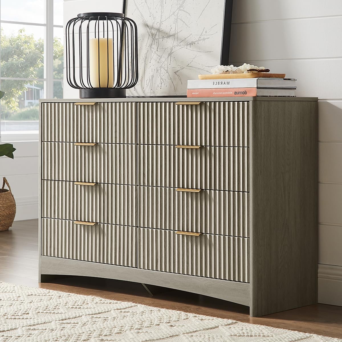 Pipishell Fluted 8 Drawers Dresser for Bedroom, 47" Wooden Drawers with Metal Handle, Dressers with Round Edge Design, Closet Clothes Storage Organizer for Bedroom, Hallway, Grey