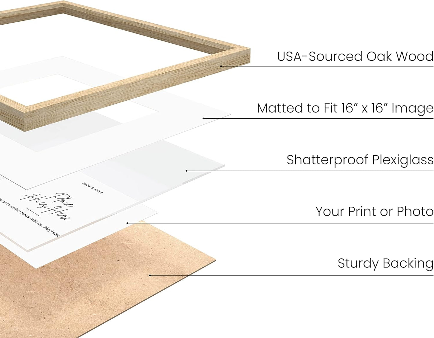 HAUS AND HUES Solid Oak Wood 20”x20” Picture Frames Matted to 16”x16” Set of 6-20x20 Wooden Gallery Frames for Art, Picture Frames 20x20, Photo Gallery Wall Frame Set, Bulk Frames (Beige Oak Frames)