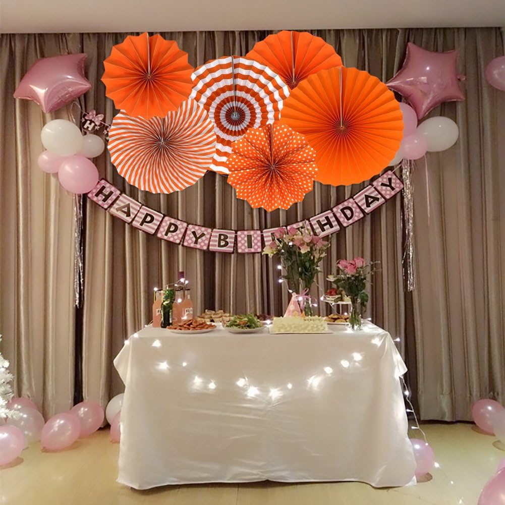 Party Hanging Paper Fans Set, Orange Round Pattern Paper Garlands Decoration for Birthday Wedding Graduation Events Accessories, Set of 6