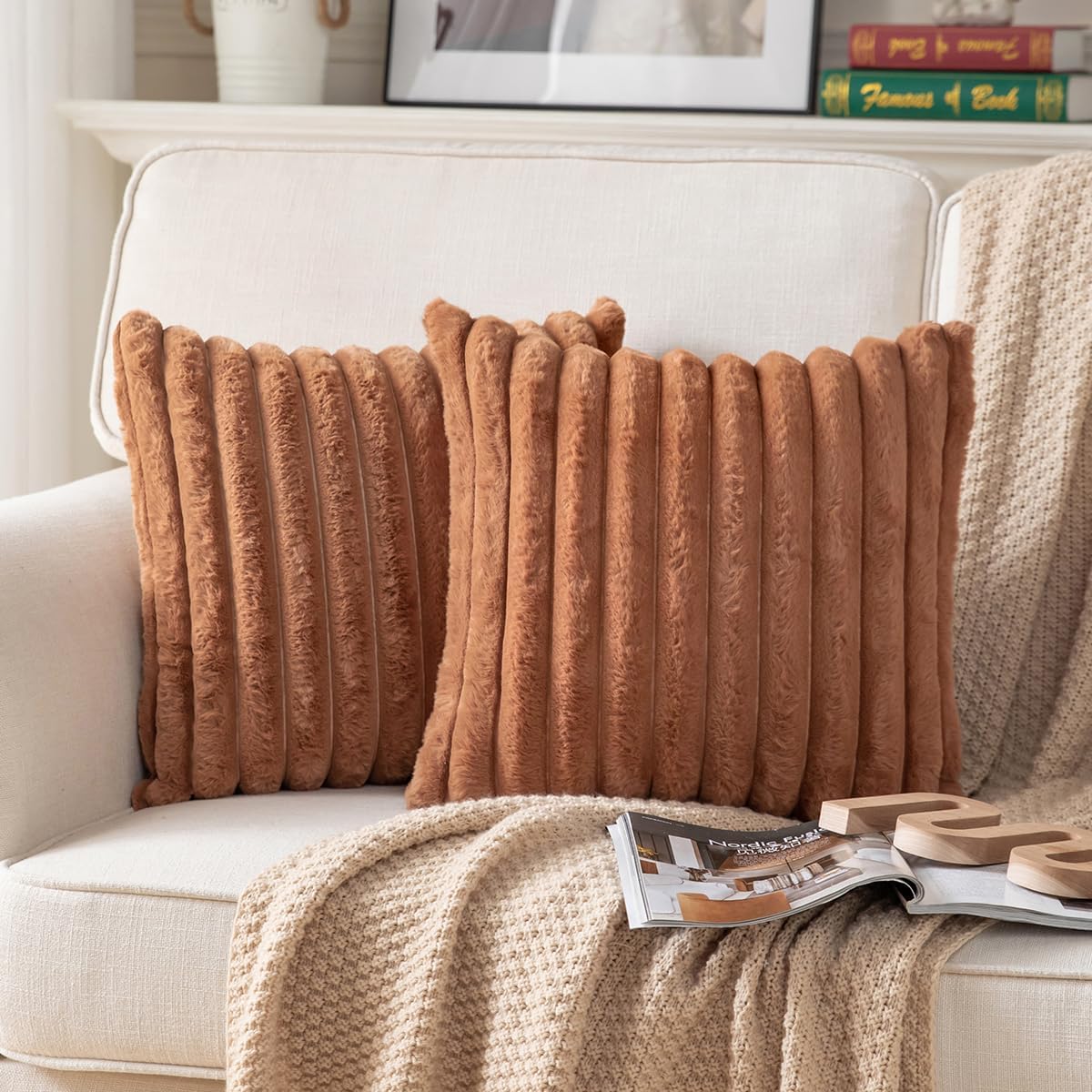 DEELAND Pack of 2,Double-Sided Faux Fur Plush Decorative Throw Pillow Covers Fuzzy Striped Soft Pillowcase Cushion Covers for Sofa Couch Bedroom Brown 22x22 inch