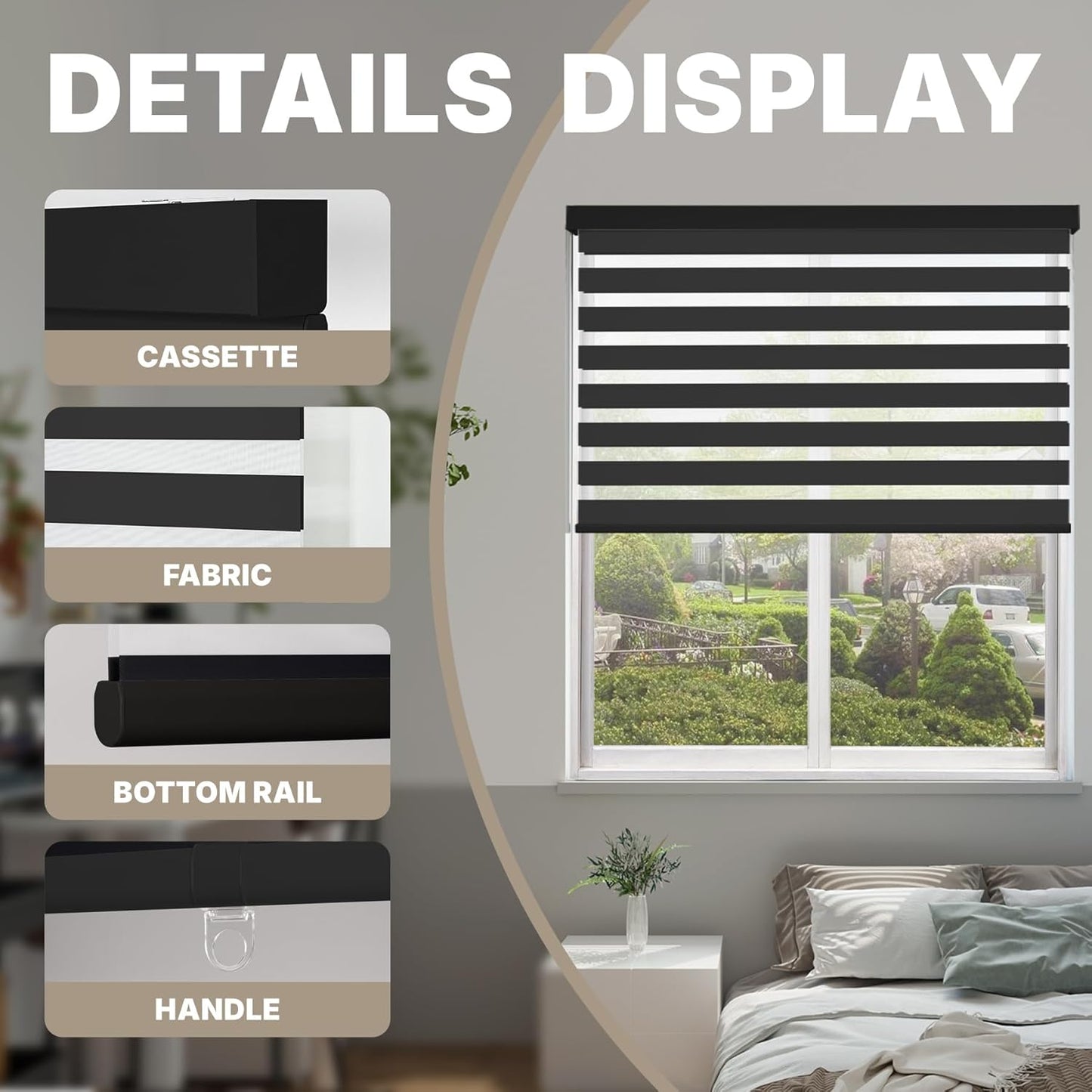 HESTIA Cordless Zebra Blinds Light Filtering Roller Shades UV Blocking Blackout Privacy Indoor Window Shades for Home Office Day and Night, Black,37" W x 60" H