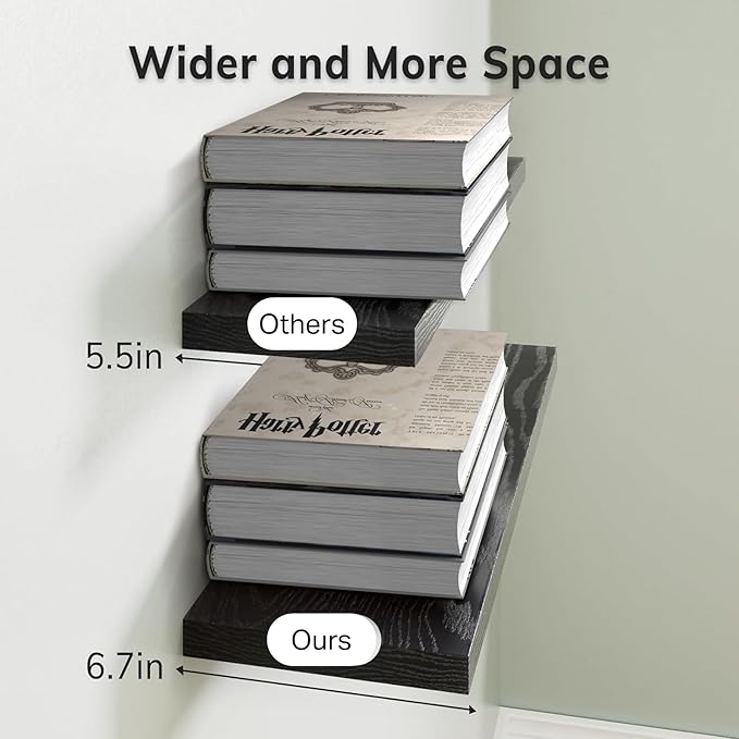 BAYKA Floating Shelves for Wall, 22.5" Wall Mounted Rustic Wood Shelves for Bathroom, Bedroom, Living Room, Kitchen, Office, Hanging Shelf for Books/Storage/Room Decor Capacity (Black, Set of 2)