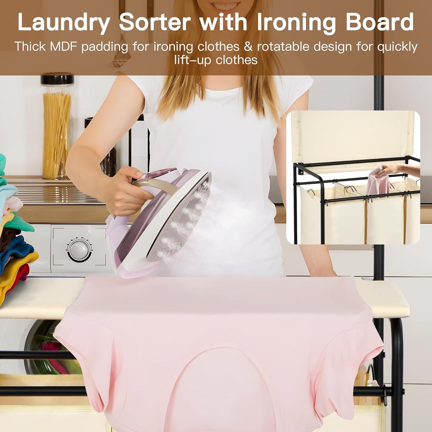 MYOYAY 3 Section Laundry Sorter with Garment Hanging Bar Rack Foldable Ironing Board, Laundry Basket Organizer Heavy Duty Laundry Hamper Rolling Cart with Lockable Wheels and 3 Removable Bags