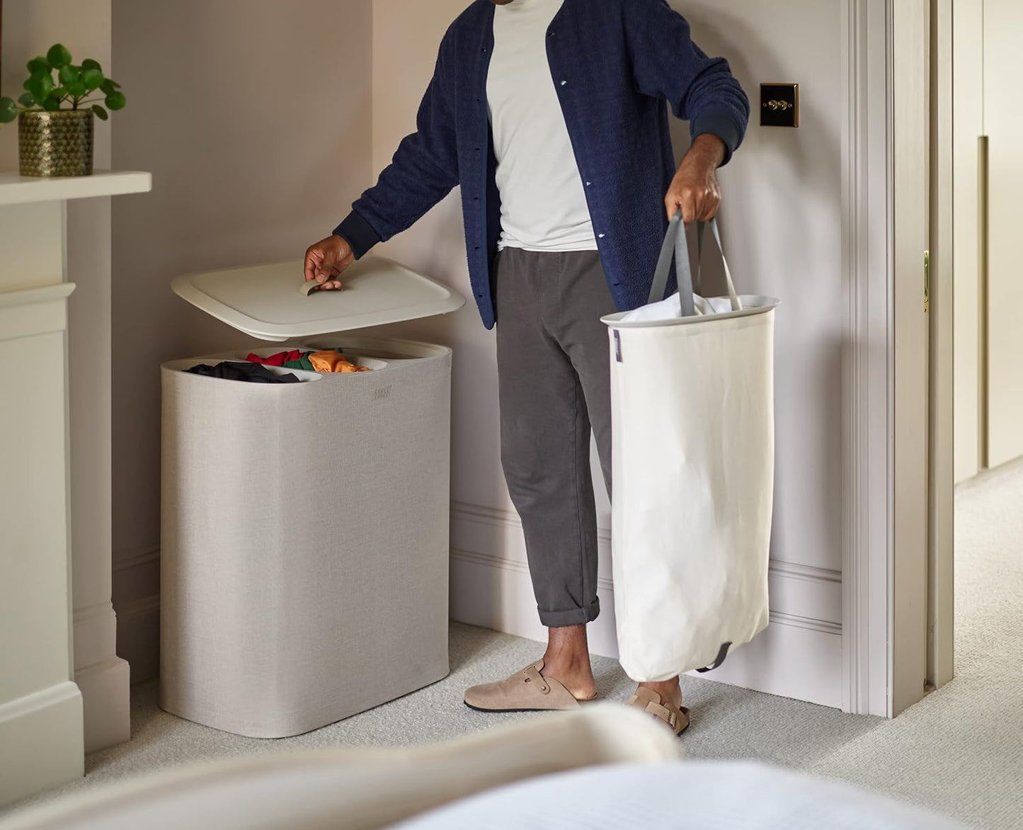 Joseph Joseph Tota Trio 90 liter/23.8 gallon Laundry Hamper Separation Basket with lid, 3 Removable Washing Bags with Handles- Ecru