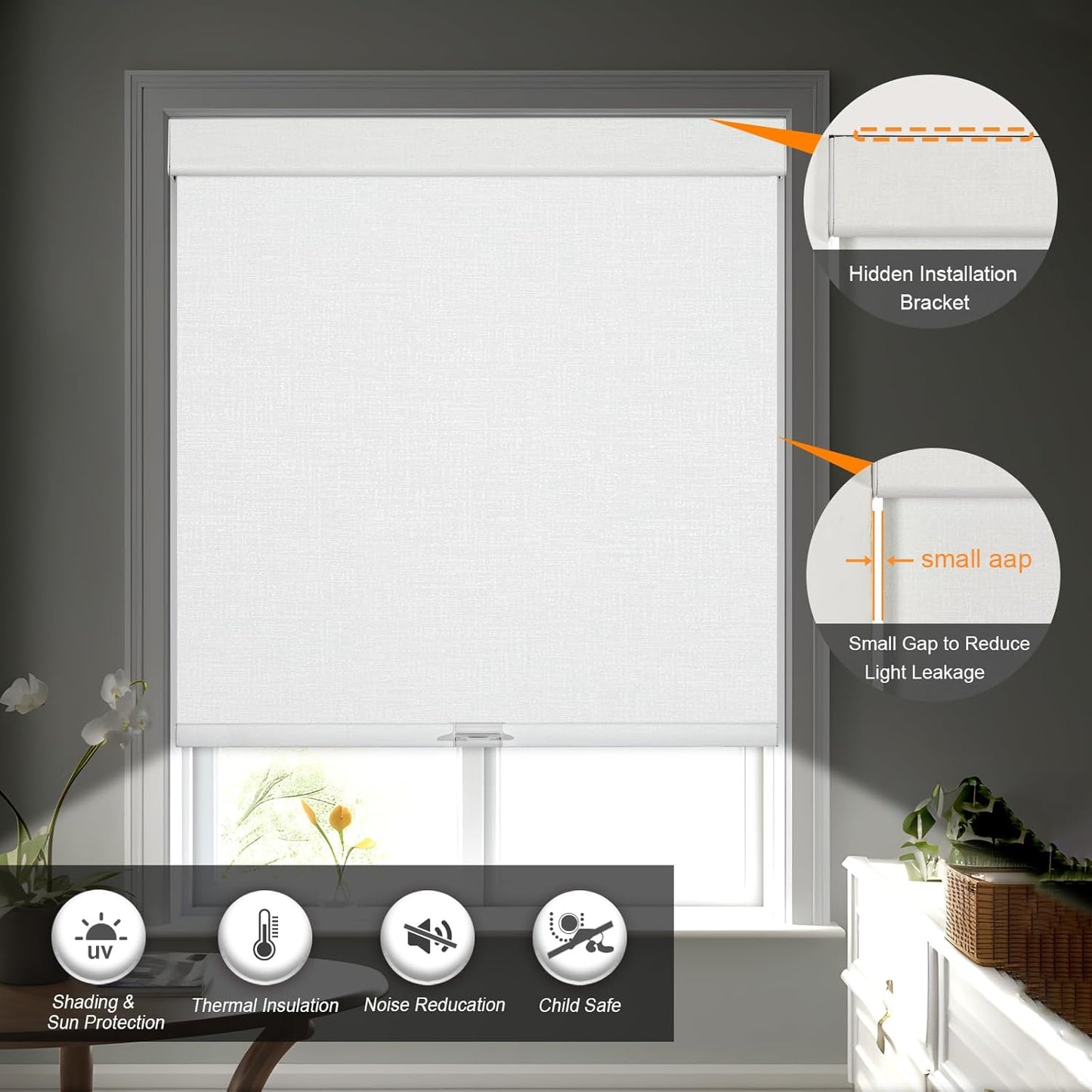 Persilux Blackout Roller Shades & Blinds Windows Shades Free-Stop Blackout Blinds with Jacquard Fabric,Cordless Blinds Pull Down Shades for Home, Easy to Install for Door/Office, White(51" W x 56" H)