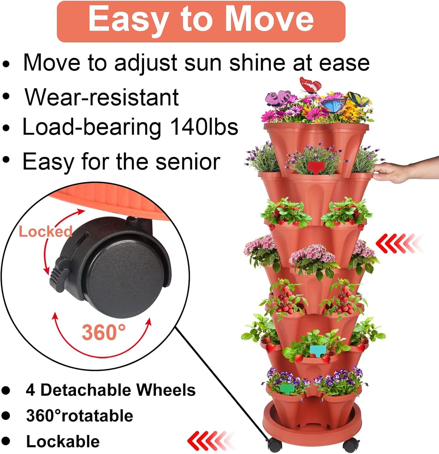 DUNCHATY Stackable Planter Vertical Strawberry Planter with Garen Tool Set Self Watering Garden Planter Indoor/Outdoor 7 Tier Garden Tower Herb Planter for Growing Vegetables and Succulents Clay Red