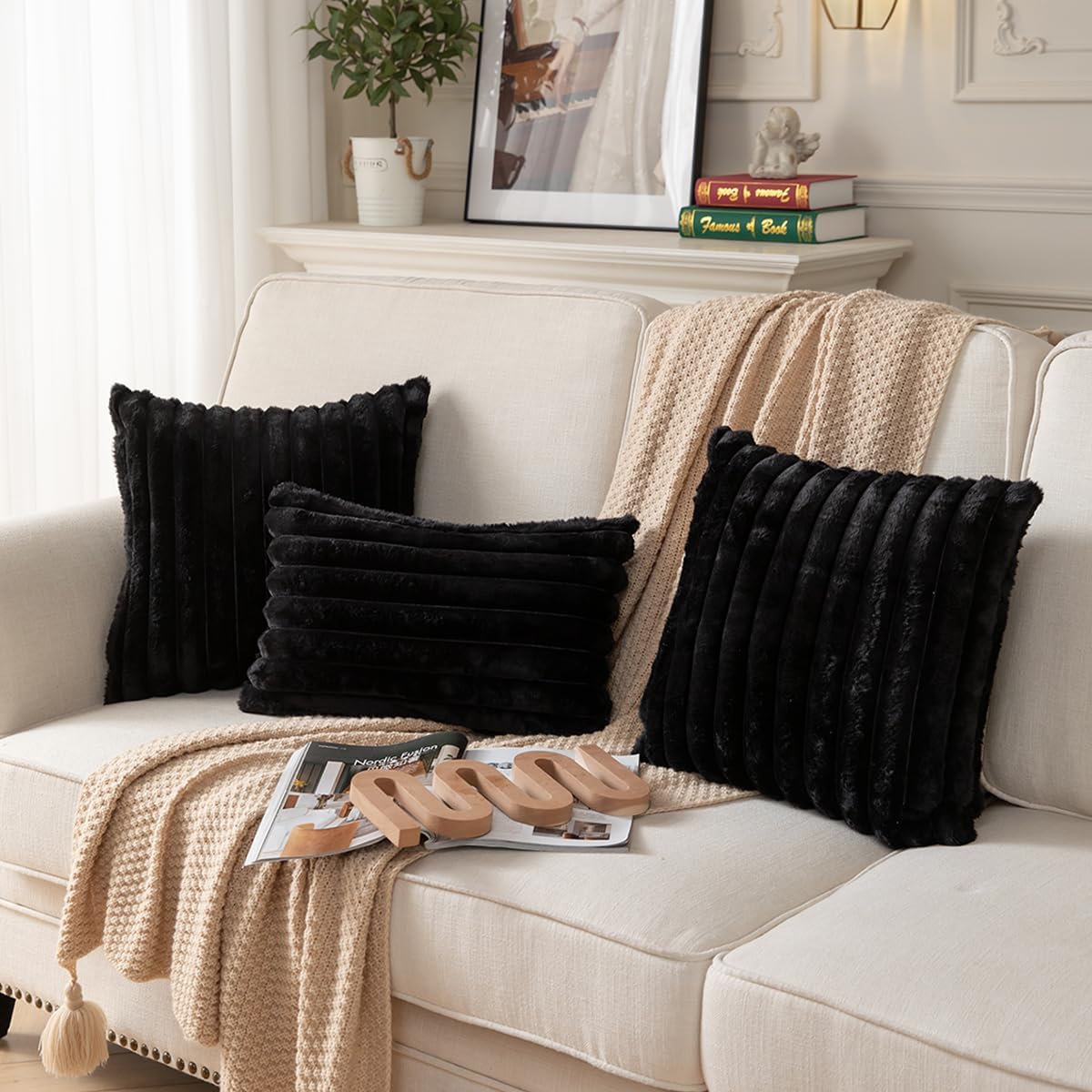 DEELAND Pack of 2,Double-Sided Faux Fur Plush Decorative Throw Pillow Covers Fuzzy Striped Soft Pillowcase Cushion Covers for Sofa Couch Bedroom Black 12x20 inch