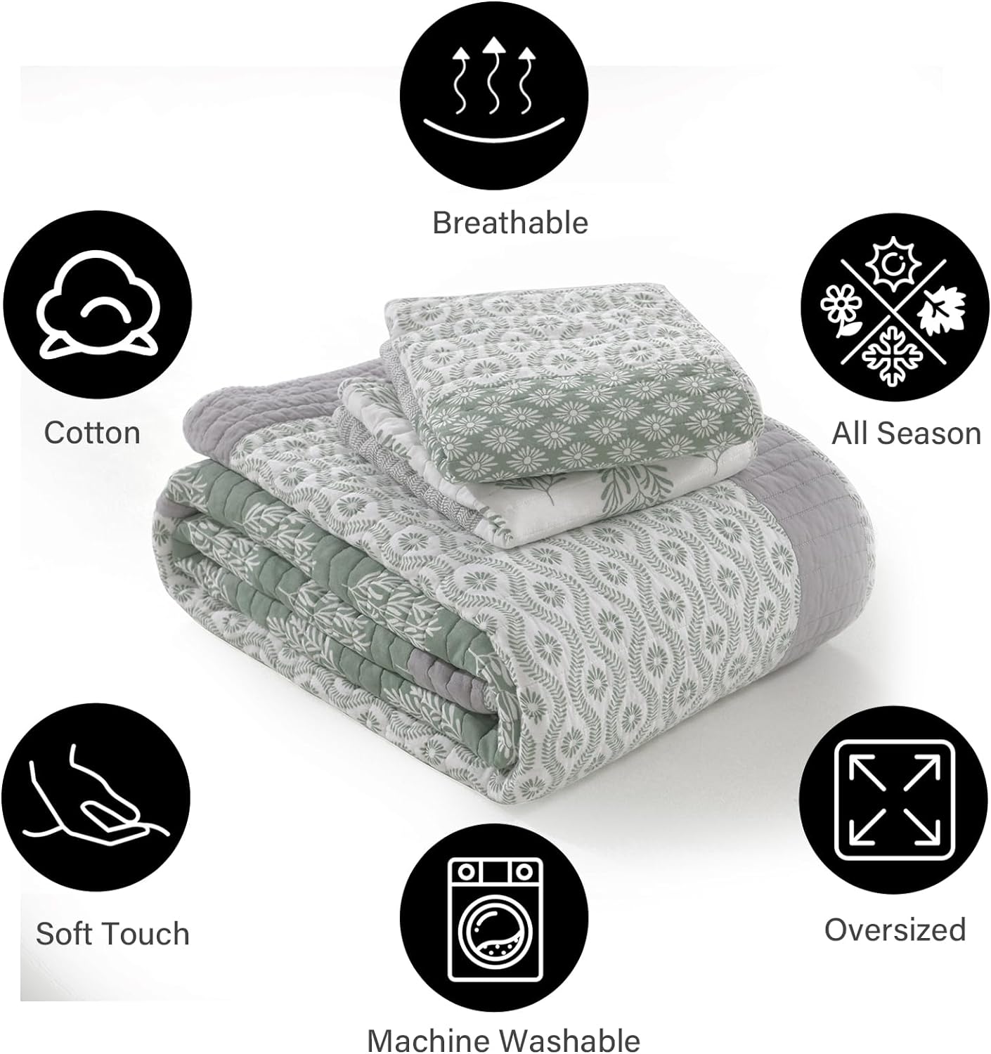 PANGUSHAN Quilt Set Queen Size, 100% Cotton Bedspread Quilt Bedding Set, Patchwork Reversible Floral Quilt for Queen Bed, Greyish-Green Bed Spread, Lightweight Comforter for All Season, 3 Pieces