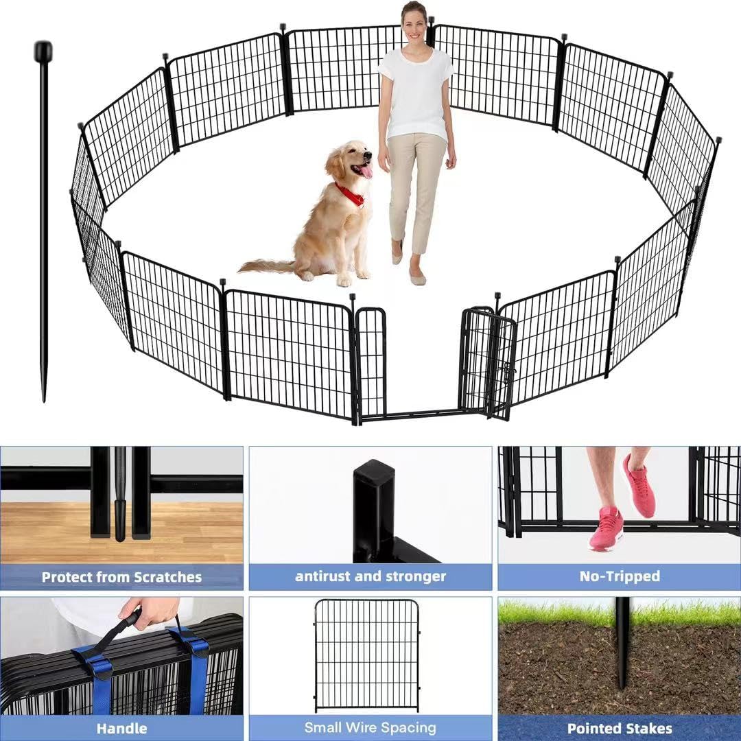 ADAVIN Tall Garden Fence 48 in(H) 12 Panels Total 26.6 FT(L), Heavy Duty Iron Metal Fence and Border, Flower Bed Fencing, outdoor Animal Barrier Fences, Dog Fences with gate for the Yard Camping,Black