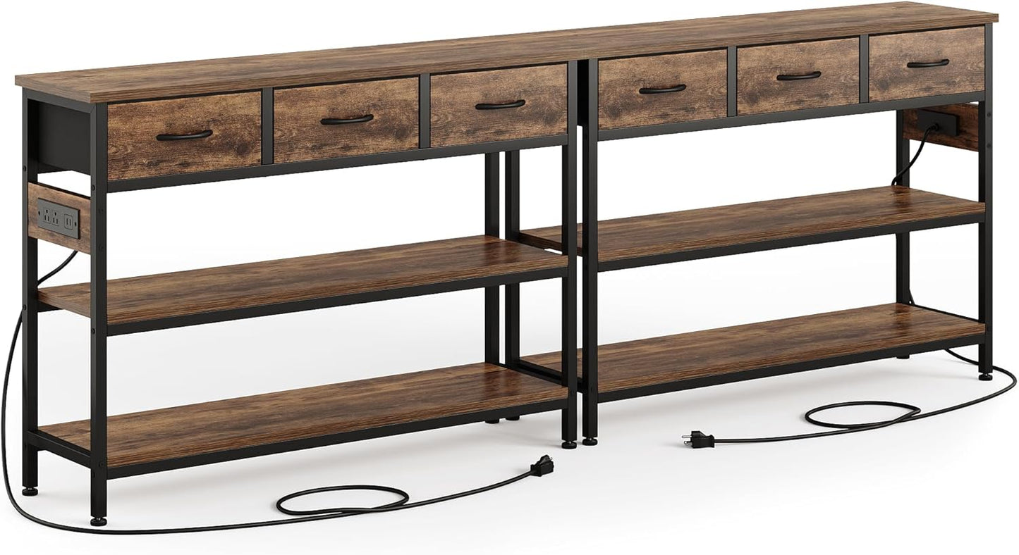 Lulive 2 Pack Entryway Tables with Power Outlets, Console Table with 3 Fabric Drawers, Sofa Table for Living Room, Hallway, Couch, Foyer, Height Adjustable