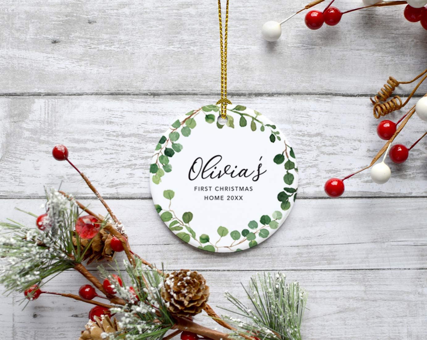 Andaz Press Personalized Round Ceramic Porcelain Christmas Tree Ornament Keepsake Collectible New Baby Gift, Olivia's First Christmas Home 2025, Farmhouse Eucalyptus Wreath, 1-Packs