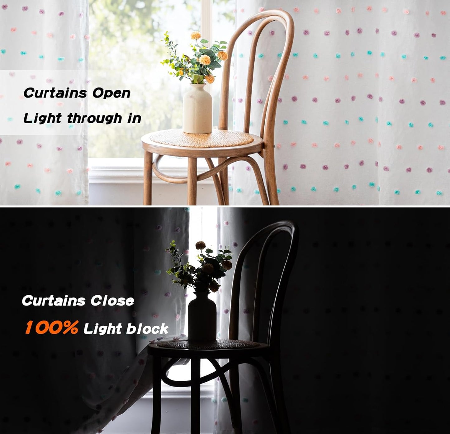 MYSKY HOME Total Blackout Curtains for Living Room 95 Inch Long 100% Light Blocking Curtains for Bedroom 2 Panels Set Privacy Protect Grommet 2 Layered Drapes with Rainbow Pom Pom Sheer 52W x 95L