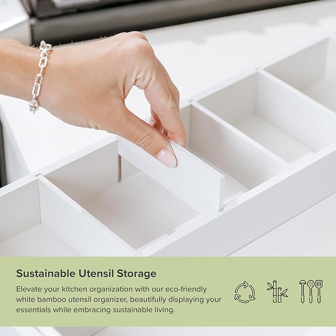 Adjustable Kitchen Drawer Organizer for Utensils and Junk, Food-Safe Contract Grade with 100% Sustainable Wood, Expandable from 10.5 to 19 Inches Wide - White Bamboo