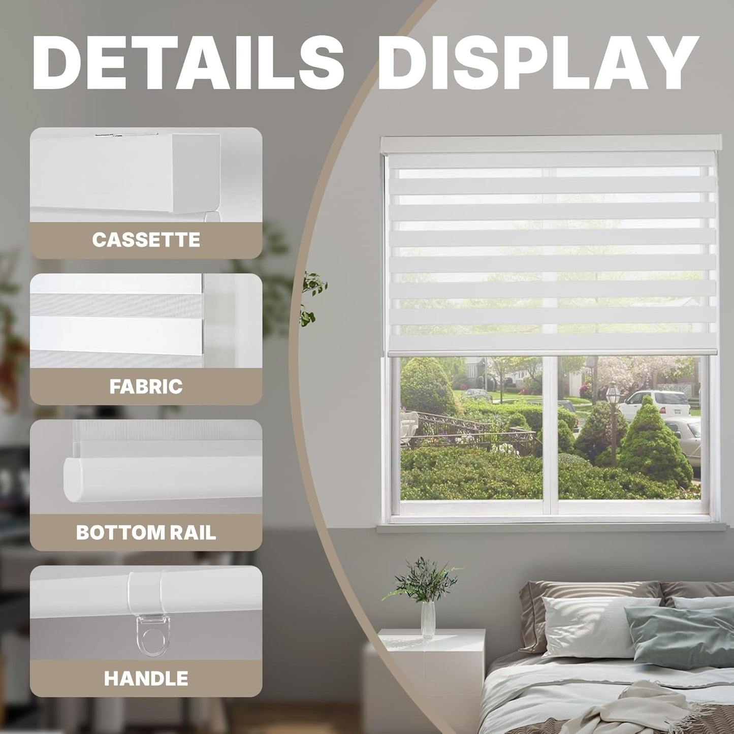 HESTIA Cordless Zebra Blinds Light Filtering Roller Shades Blackout Indoor Window Blind for Home Office,White,48" W x 48" H
