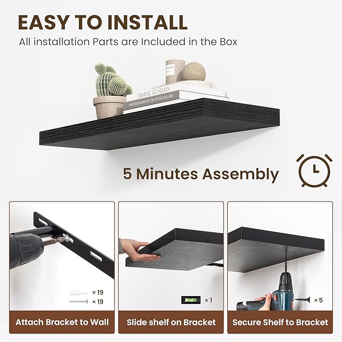 36 Inch Floating Shelves, 11.6 Inch Deep Floating Shelves for Wall, Floating Shelf with Invisible Brackets, Deep Shelves for Bathroom, Bedroom, Living Room, 2 Pack, Black