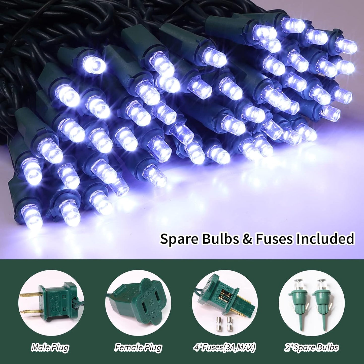 White Wide Angle LED Christmas Lights, 64.8 Ft 300 Count, Pack of 3 Strands 21.9 Ft 100 Lights UL Certified Commercial Grade Green Wire 5mm Holiday String Light