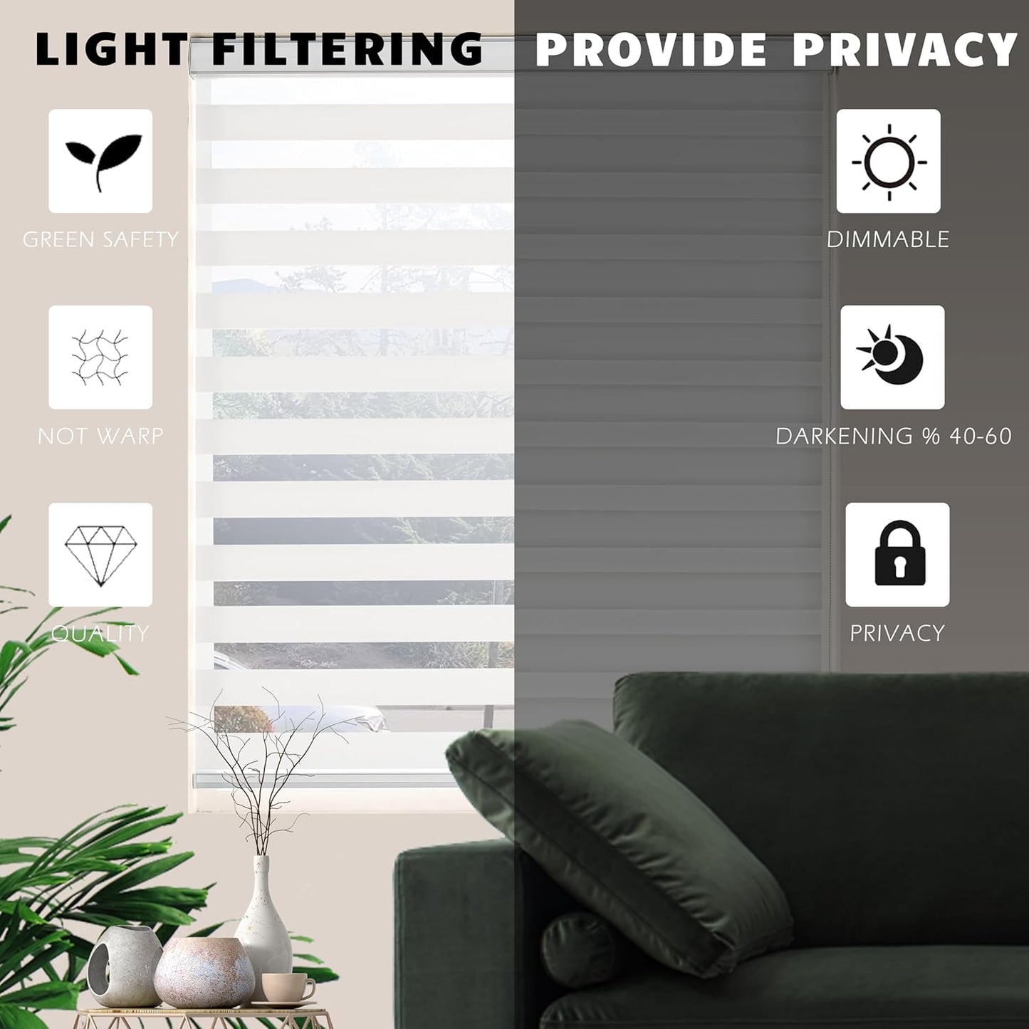Zebra Roller Shades, Dual Layer Roll Up Blind for Living Room, Semi Sheer Shades Window Privacy Light Control for Day and Night, (Maximum Height 72inch, White Color, Width 32 inch)