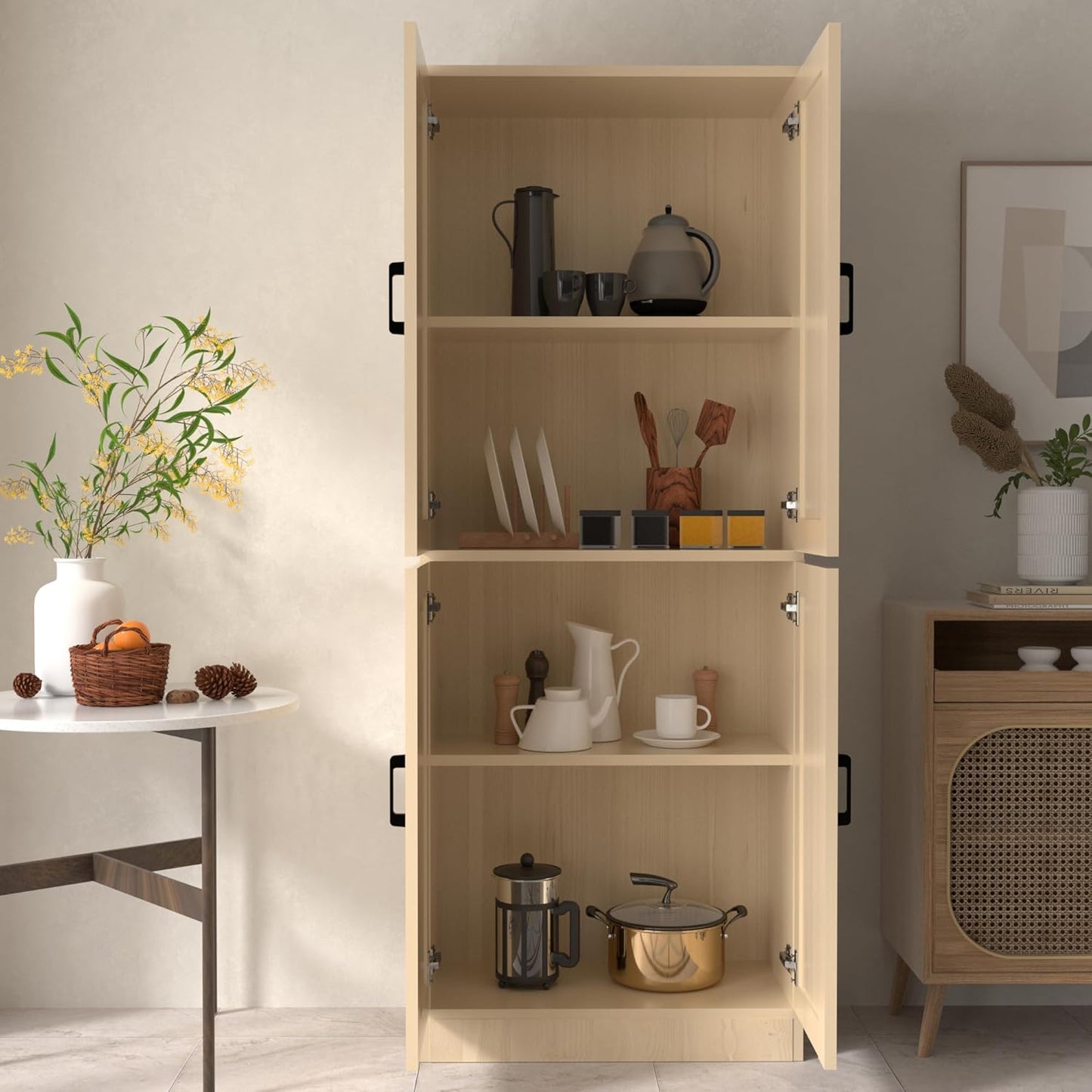 Oak Rattan Kitchen Pantry, 71" Tall Storage Cabinet with Doors, Boho Hutch for Dining Room