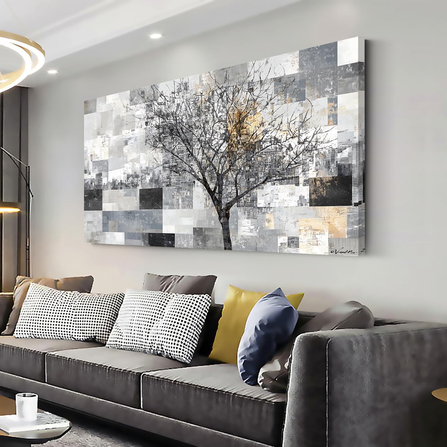 LASMOND Modern Abstract Tree Wall Art for Living Room Black and White Canvas Painting Wall Art Large Nature Landscape Artwork Bedroom Office Home Decor (30x16 Inches)