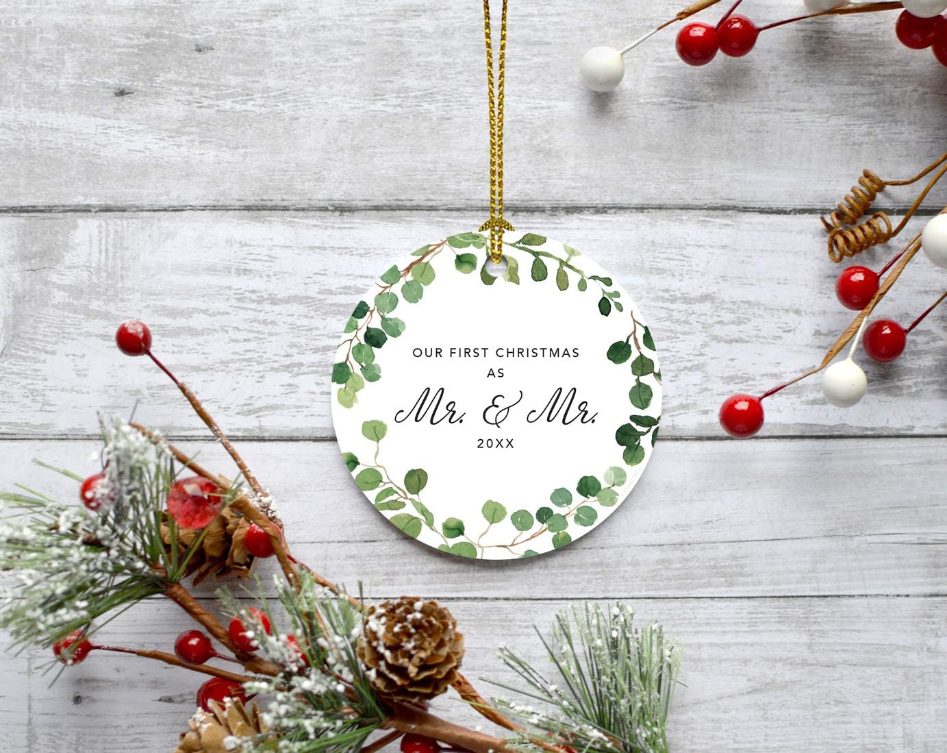 Andaz Press Custom Year Round Ceramic Porcelain Christmas Tree Ornament Keepsake Collectible Gift, Our First Christmas as Mr. & Mr. 2025, Farmhouse Eucalyptus Wreath, 1-PackGay Couple