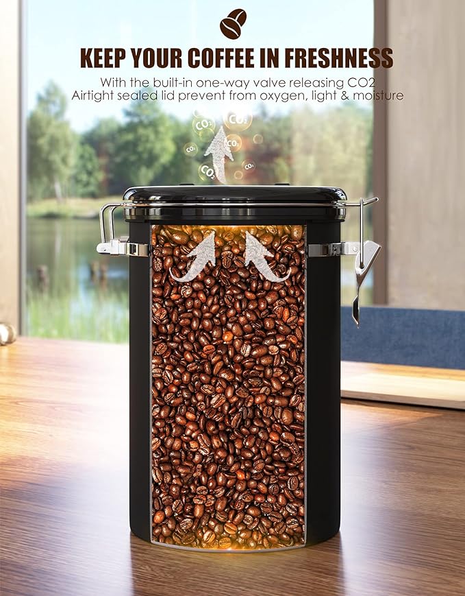 HAIOOU Airtight Coffee Canister, 22OZ Large Stainless Steel Coffee Bean Storage Container with Date Tracker, Measuring Scoop, 6Pcs CO2 Valves and Mini Tongs for Beans, Grounds, Sugar and more - Black