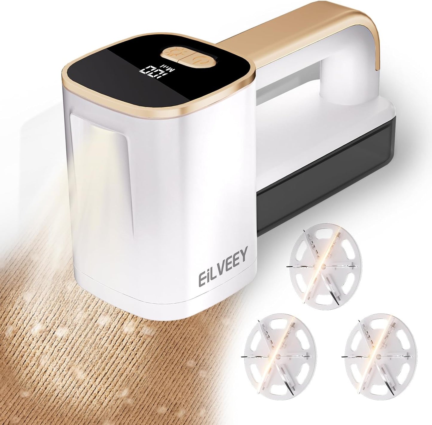 Rechargeable Lint Remover, Fabric Shaver Fuzz Remover, Sweater Shavers with 6-Leaf Blades, 3-Speeds Digital LED Display to Remove Pilling for Clothing and Furniture, Lint Ball, White